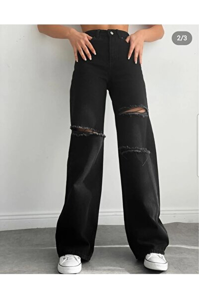 DRC trend Women's Black Ripped Jean Lycra Super Extra High Waist Palazzo Loos...