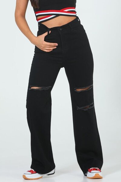 LİMABEL Women's High Waist Black String Ripped Wide Leg Jeans Lycra Jeans