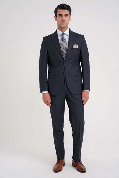 Efor Slim Fit Sivri Yaka Esnek Yünlü Düz Lacivert Klasik Takım Elbise TK 928