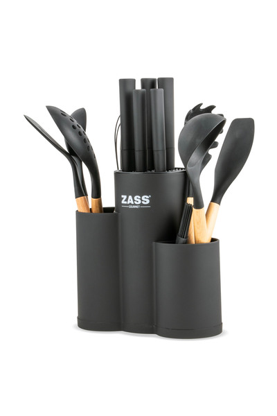 Zass Set de cuțite și ustensile de bucătărie Gourmet ZG-KS 08, 14 piese, suport cu 3 compartimente, negru