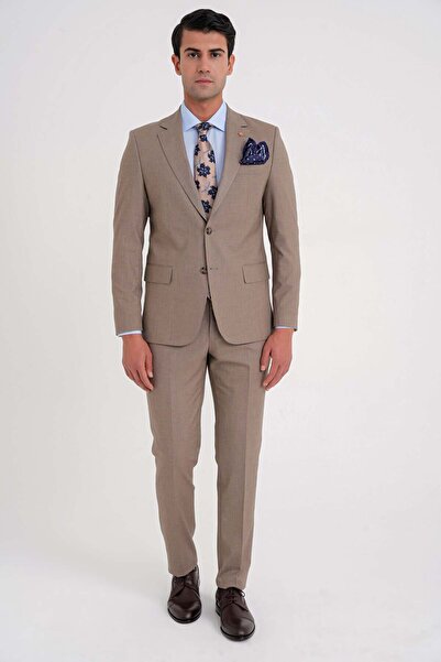 Efor Slim Fit Çift Yırtmaç Esnek Yün Vizon Takım Elbise Tk 918
