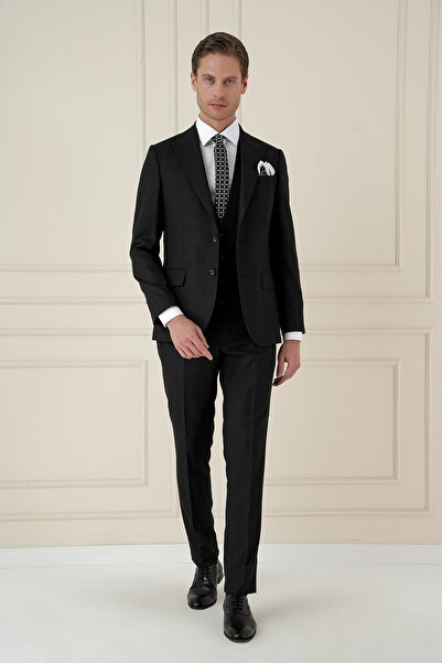 Efor Slim Fit Kırlangıç Yaka Doku Desenli Siyah Yelekli Takım Elbise TK 911