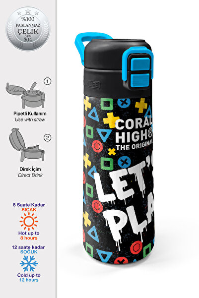 Coral High ترموس ستيل للأطفال باللون الأسود من ليتس بلاي مع شفاطة وقشة للشرب ...
