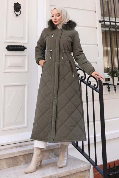 Missvalle Zippered Hooded Quilted Coat Khaki 19277