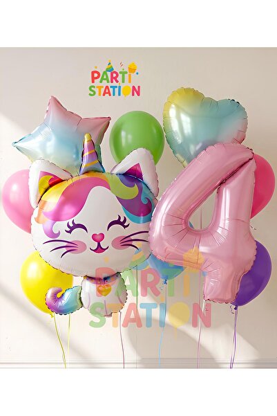 Parti Station Unicorn Kedi Kitty Konsept 4 Yaş Doğum Günü Parti Balon Set Sev...