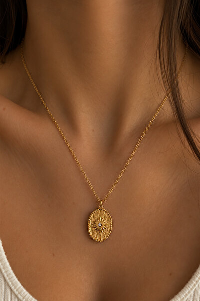FIERA JEWELRY Oval Güneş Motif Altın Kaplama Gold Kadın Çelik Kolye