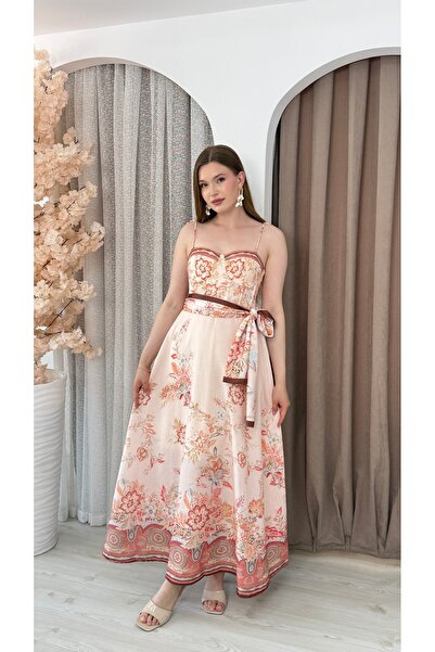 S&A Collectionn Rochie lungă maxi din in, cu bretele, căptușită, cu curea gro...