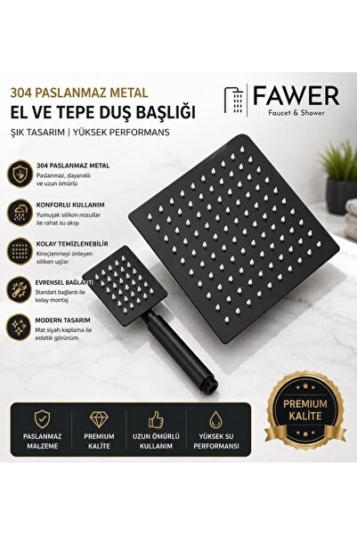 FAWER Faucet & Shower Fawer 304 Paslanmaz Siyah El ve Tepe Duş Başığı