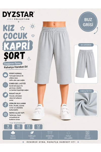 DYZSTAR Kız Çocuk Penye Kapri Şort Buz Grisi Lastikli Bel Rahat Kalıp 7-8-9-1...