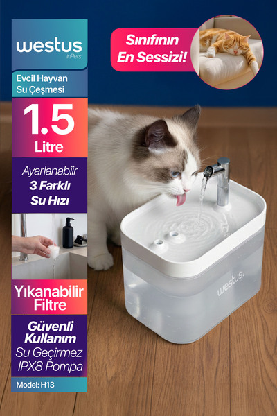 Westus inPets H13™ 1.5L Ultra Sessiz Evcil Hayvan Kedi Köpek Su Pınarı Çeşmes...