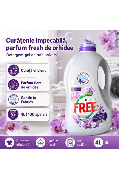 Ultra Free Detergent lichid pentru rufe Orhidee, 4 L, 100 spalari, parfum floral, pentru masina de spalat si spalare manuala