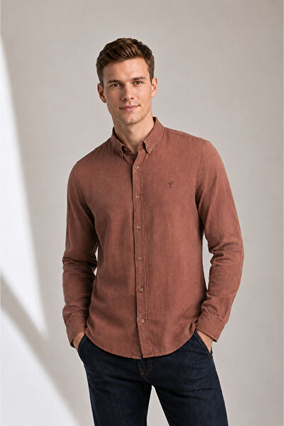 FSR FUSARO Brown 100% Cotton Slim Fit Button-Down Collar Men's Shirt