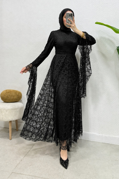 Abiye Diyarı Zelal Kuşaklı Dantel Kumaş Astarlı Tesettür Abiye