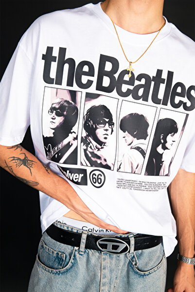 Sekizbiraltı White the Beatles Printed Oversize Unisex Cotton T-Shirt