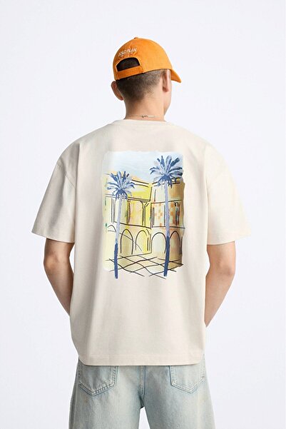 The Champ Clothing Bisiklet Yaka Palmiye Baskılı Oversize Bej Erkek T-shirt