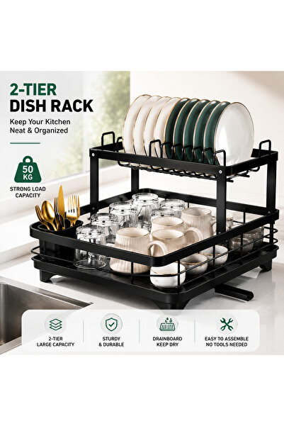 Koday 2-Tier Dish Drying Rack,Rustproof Stainless Steel Kitchen Organizer,wit...