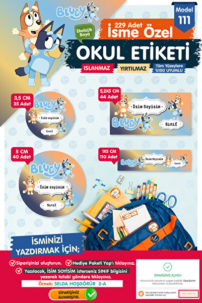 t tuğset etiket Okul Etiketi Bluey Temalı Kalem Defter Etiketi Özel İsim Yazı...
