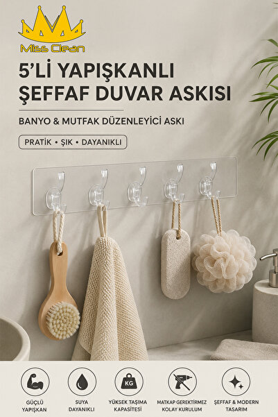 Miss Clean 5'li Yapışkanlı Şeffaf Duvar Askısı Banyo Mutfak Düzenleyici Askı ...