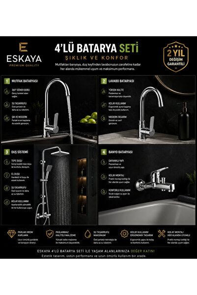 ESHOME Lüx 4'lü Set Robot Yagmurlama Tepe Duş Seti - Banyo - Lavabo - Mutfak ...
