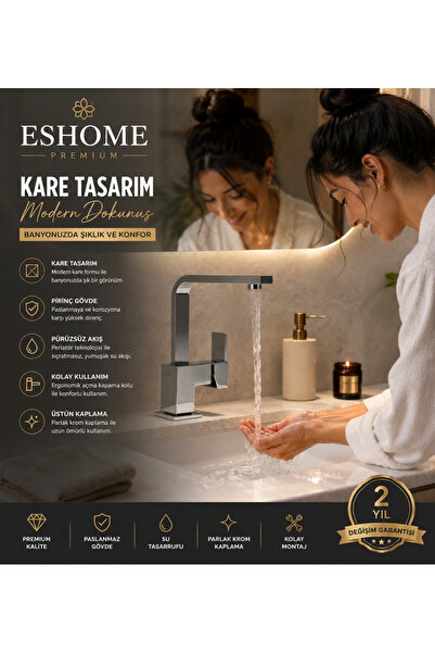 ESHOME 2 Yıl Garantili Şık Tasarım Kare Banyo Lavabo Bataryası Musluğu Krom
