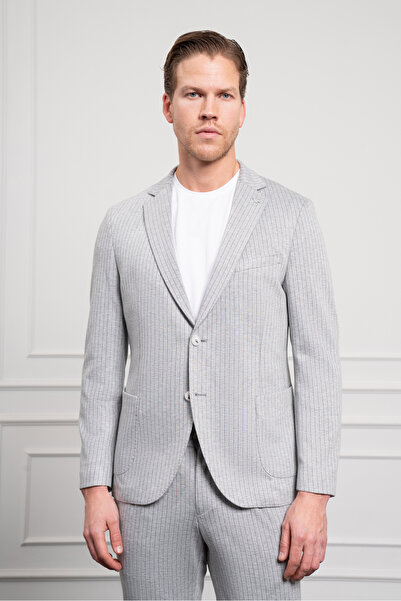 Morven Erkek Gri Poliviskon Trend Örme Çizgili Slim Fit Mono Yaka Takım Elbise