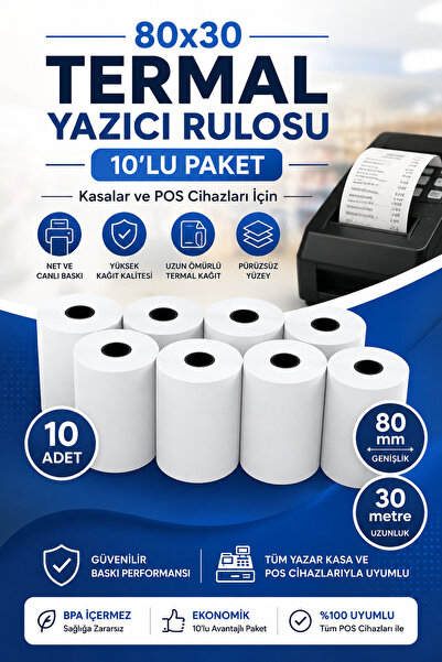 ANI OFİS KIRTASİYE A K 80x30 Termal Yazıcı Rulosu 10'lu - Kasalar ve Pos Ciha...
