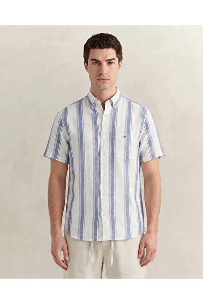 Gant Erkek Mavi Regular Fit Çizgili Logolu Gömlek
