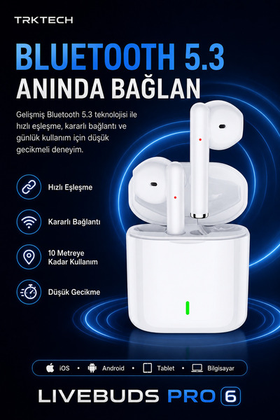 TrkTech Livebuds Pro 6 Beyaz Kablosuz Bluetooth Kulaklık Bluetooth 5.3 TWS iOS iPhone Android Uyumlu HD Stereo Ses Dokunmatik Şarj Kutulu Kılıf Hediyeli