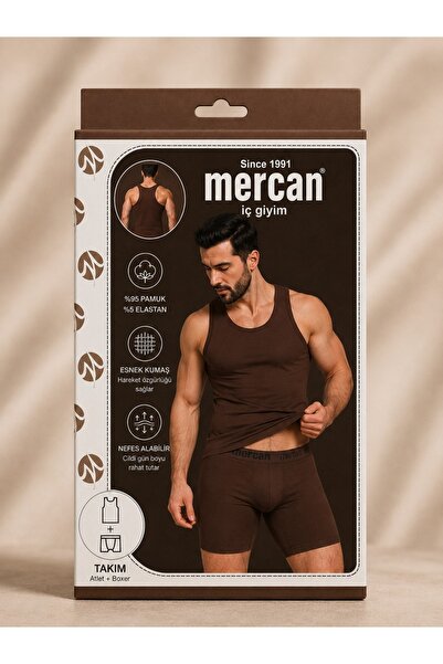 Mercan Erkek Kahverengi Takım Özel Kutuda Uzun Kesim Boxer + Sporcu Atlet