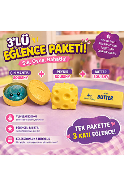 SETTİ MANA 3’lü Set Peynir & Butter & Çin Mantısı Squishy Yavaş Yükselen Stre...