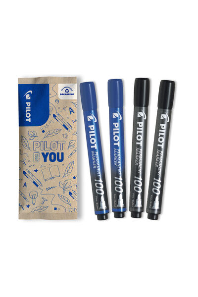 Pilot Set marker flow pack P100 2x albastru + 2x negru