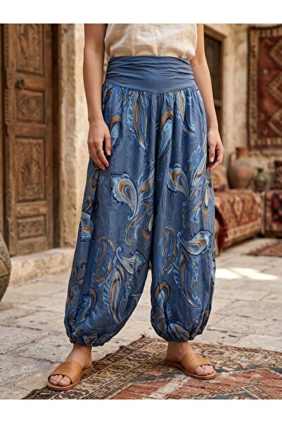 AYASOFYA OTANTIK Kadın Italyan İndigo Mavi Şal Desenli Beli Ve Paçası Lastikl...