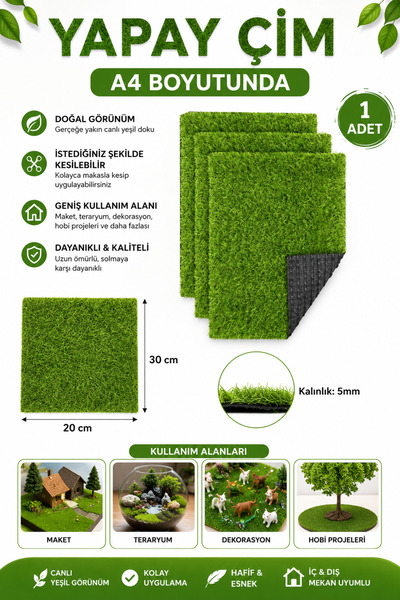 Hobialem Yapay Çim A4 20x30 cm 1 Adet Maket Çimi Teraryum Suni Çim Halı Dekor...