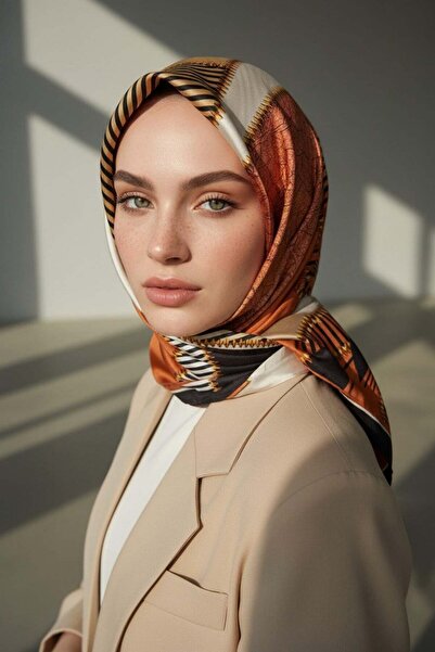 Vissona % 57 İPEK % 43 VİSKON Twill İpek Geometrik Desenli Taba - Siyah Renkl...