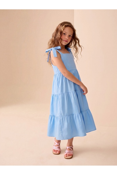 Tinymuyt Girl's Flounced Shoulder Lace-Up Woven Dress Blue