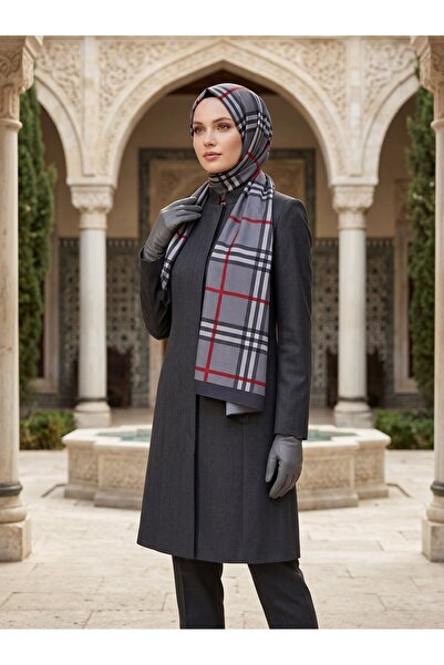 Vissona KREP EKOSE DESENLİ SİYAH - KIRMIZI RENKLİ 75X195 KIRIŞMAZ ŞAL