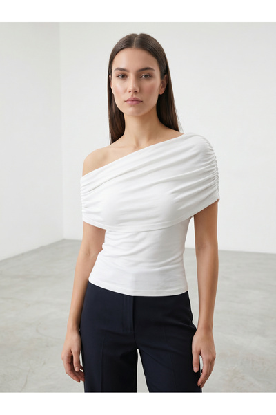 Sagre&Sisters Women's One-Shoulder Blouse – Draped Collar Detail, Stretchy Fa...