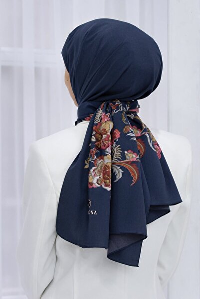 Vissona KREP NAKIŞ ÇİÇEK DESENLİ LACİVERT RENKLİ 75X195 KIRIŞMAZ ŞAL