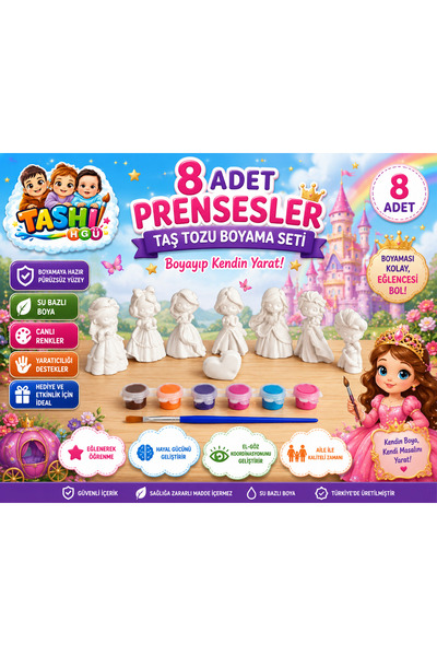 TASHI ART TASHI Prenses Boyama Seti 8’li Taş Boyama Çocuk Aktivite Eğitici Ho...