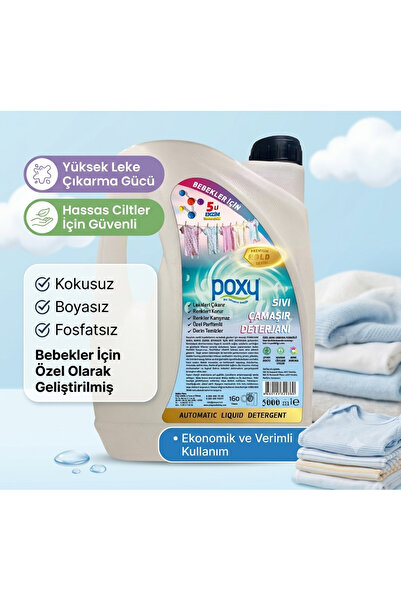 Poxy Bebekler İçin Sıvı Deterjan 5000 ml Hassas ve Güvenli Kokusuz, Boyasız, ...