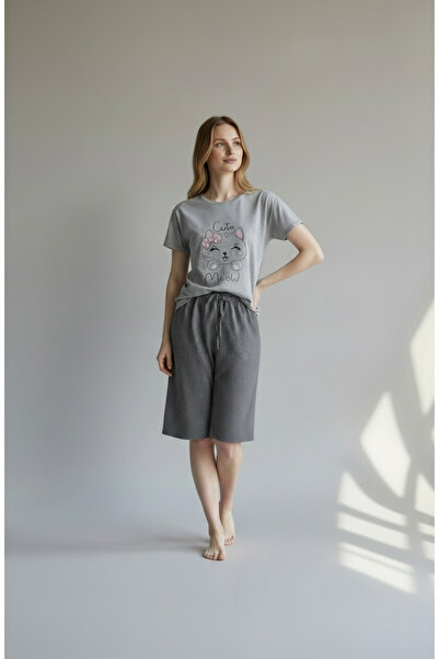 TEKSTİL ÜRETİCİSİ Kadın Desenli Şortlu Pijama Takımı Kedi Baskılı