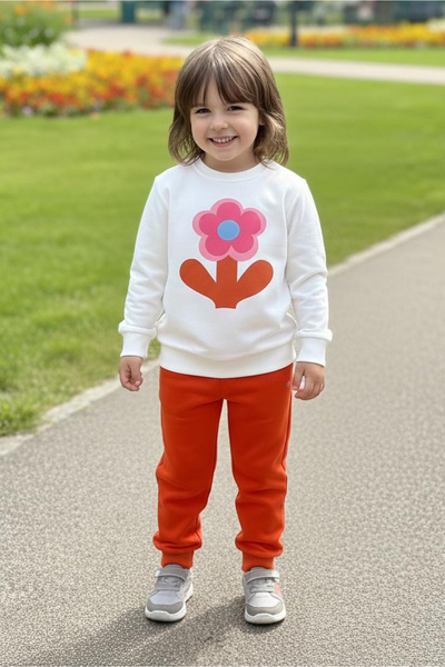 TOFİSA Girl's Orange Printed Pajama Set - 28163-Oranj