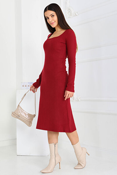 TOFİSA Kare Yaka Fitilili Kaşkorse Elbise Bordo - 27867-BORDO