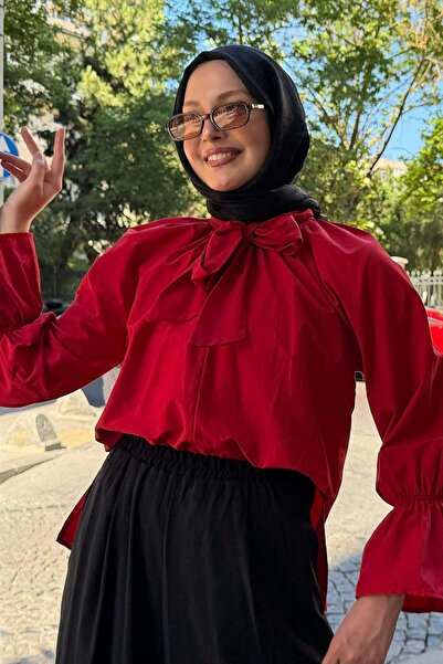 Modaensarbutik Fiyonk Bağlama Detaylı Gömlek-KIRMIZI