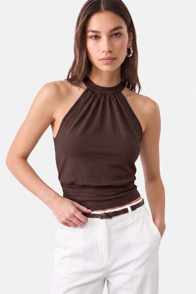 VODENS Coffee Beige 97% Cotton Lace-Up Blouse