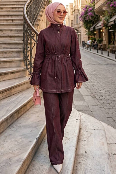 N.S NEVA STYLE Set dublu din denim tesettür bordeaux cu fermoar 20123BR