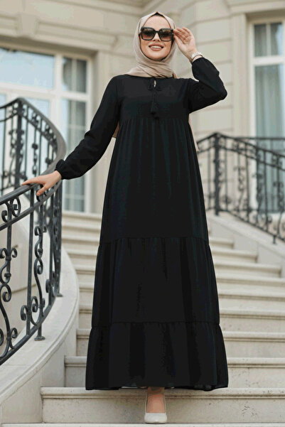 Neva Style Kat Piliseli Siyah Tesettür Elbise 22051S