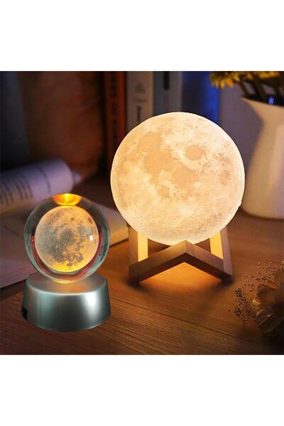 gifttime 3D Ay Mom Sarı Renk Gece Lambası ve Dolunay Ay Gezegen Işıklı Cam Kü...