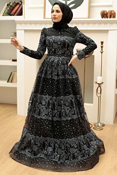 Neva Style Desenli Siyah Tesettür Abiye Elbise 875S