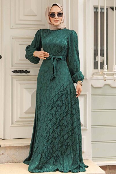 Neva Style Desenli Zümrüt Yeşili Tesettür Elbise 23272ZY